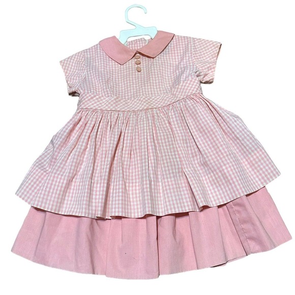 Vintage 1950’s Girls Toddler 4-5 Pink Gingham Plaid Dress Smock